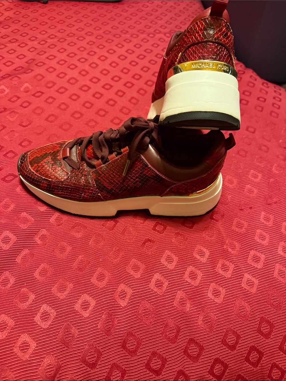 Michael Kors Burgundy Snakeskin-Effect Lace-Up Sneakers with White Sole